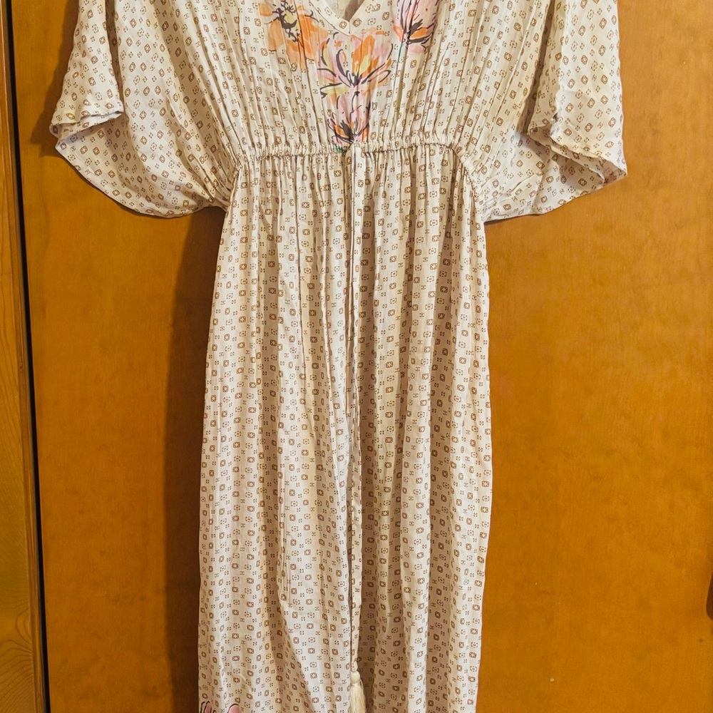 World Market Boho Maxi Dress – Tan with Floral Hem – Deep V & Tie Waist